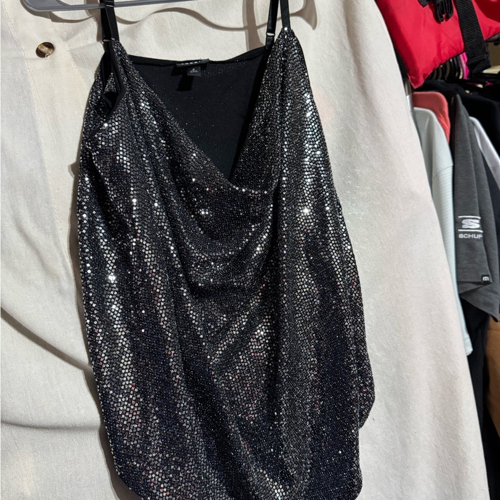 Black Sequin Cowl Neck Top